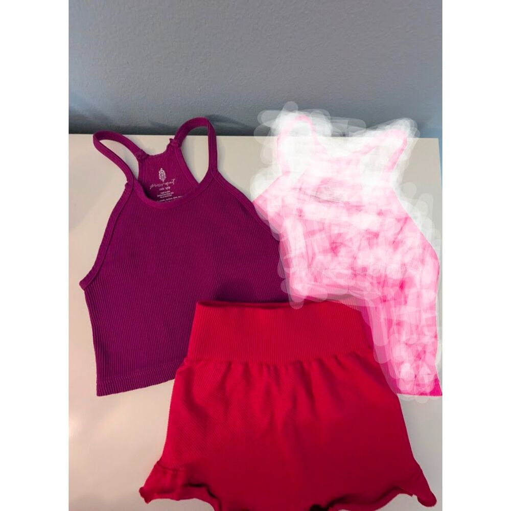 Bundle TWO Free People Movement Seamless Halter Tank Top ruffle shorts pink